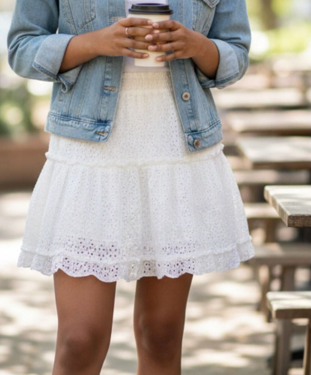 Bishop + Young White Eyelet Mini Skirt Ruffle Hem Boho Size L
